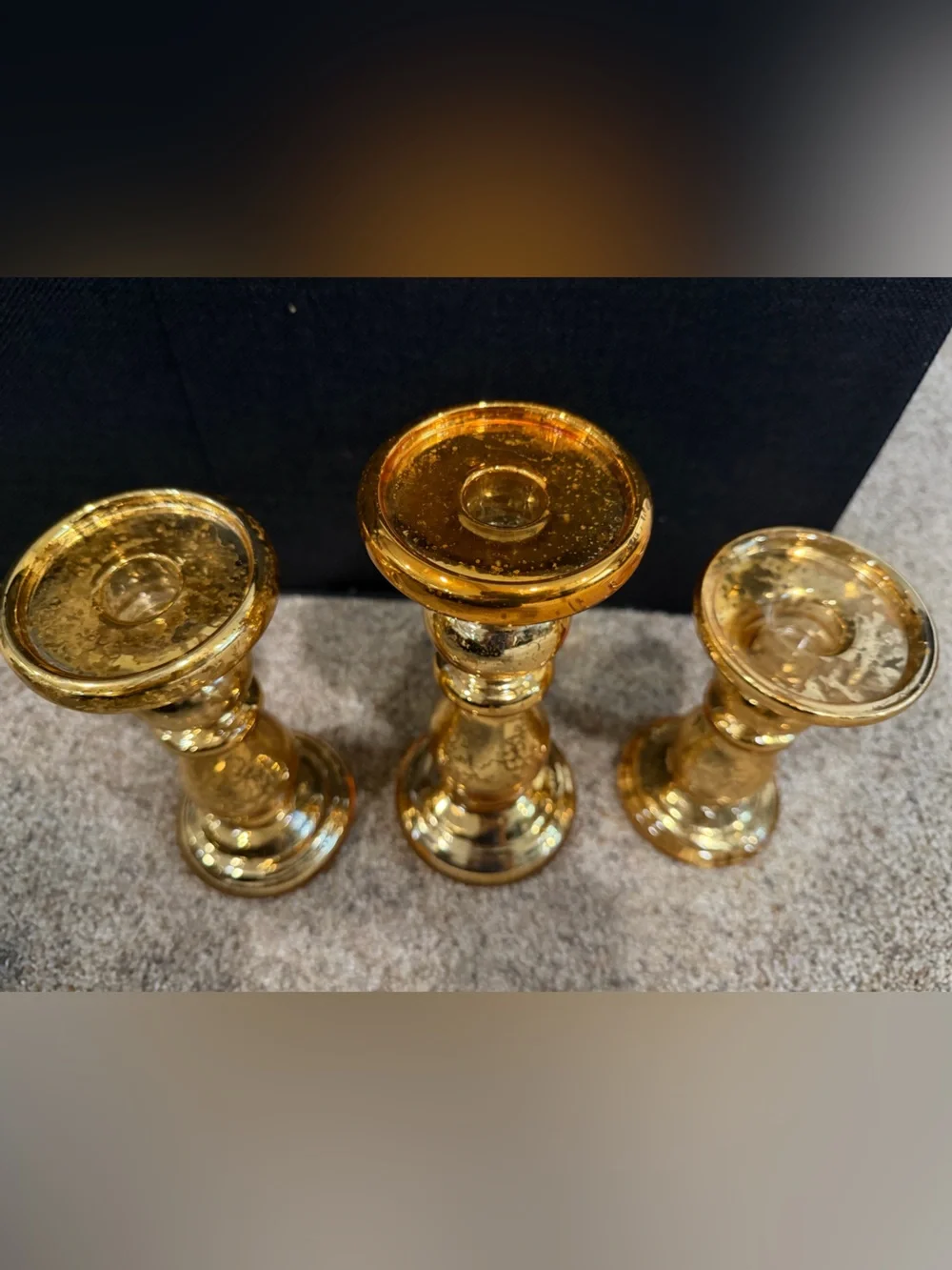 Set of 3 Gold Mercury Glass Candle Holders - Shimmering Decorative Accents